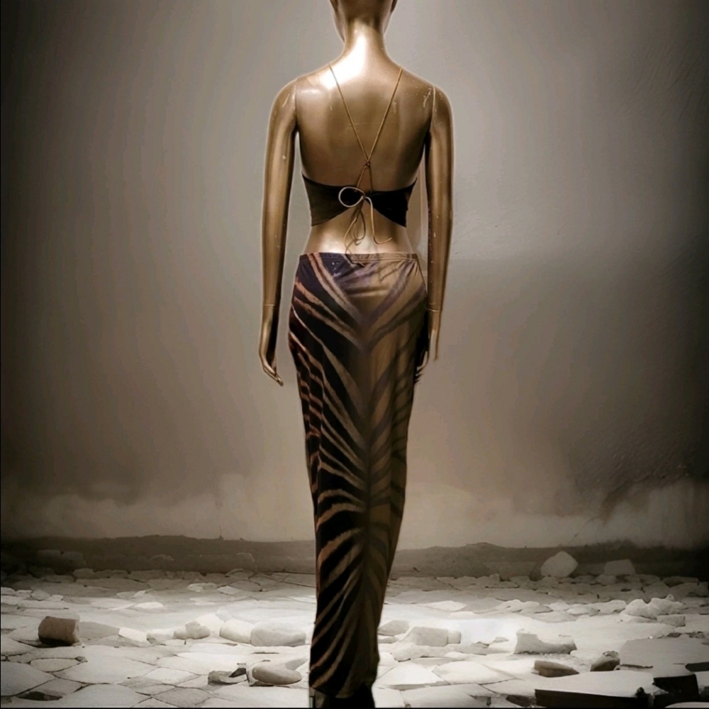 NWT Exotic Print Gold Embellishment Backless  Halter Festival Ibiza Maxi Dress - Picture 12 of 16